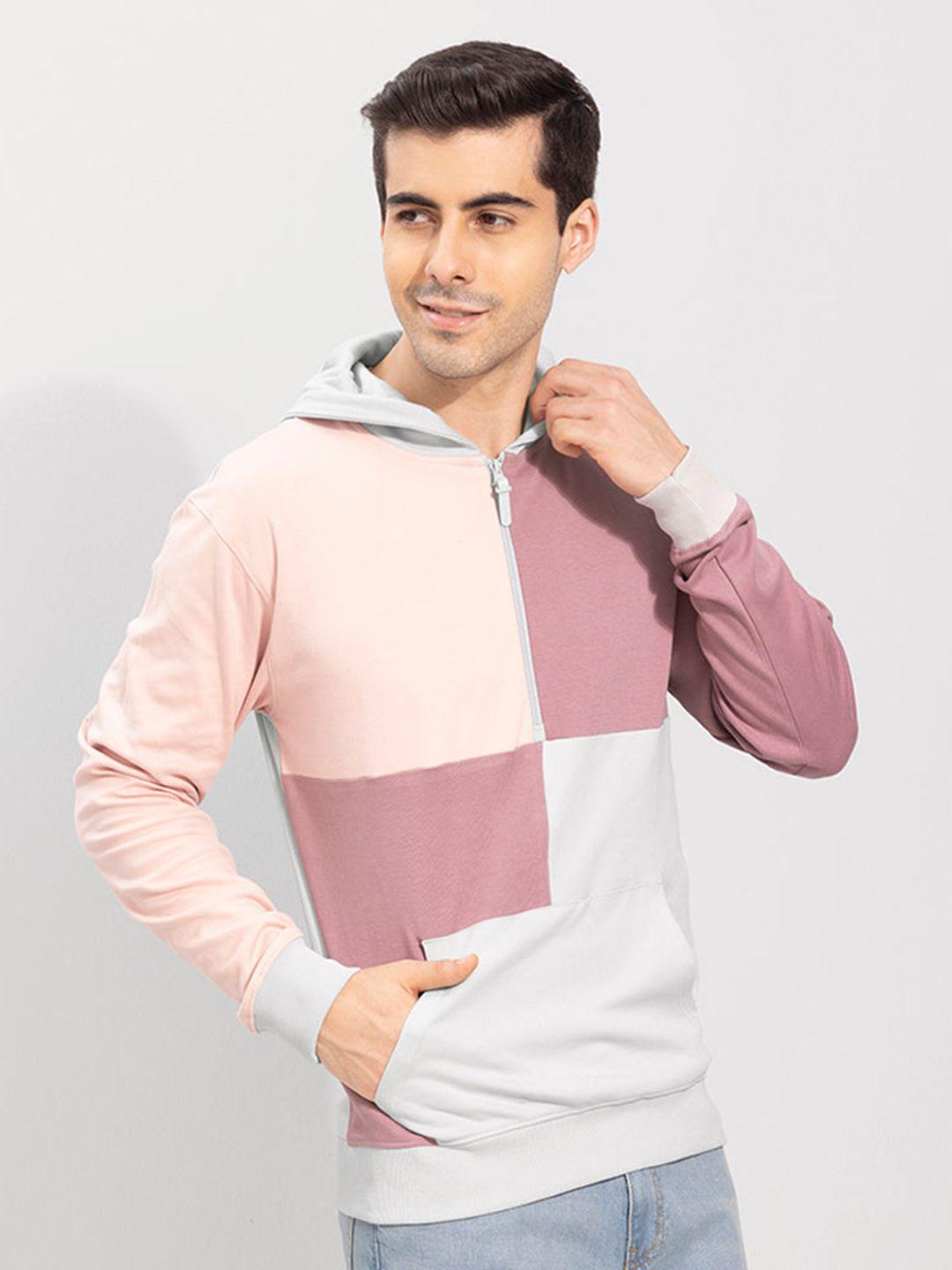 snitch men pink colourblocked hooded cotton sweatshirt