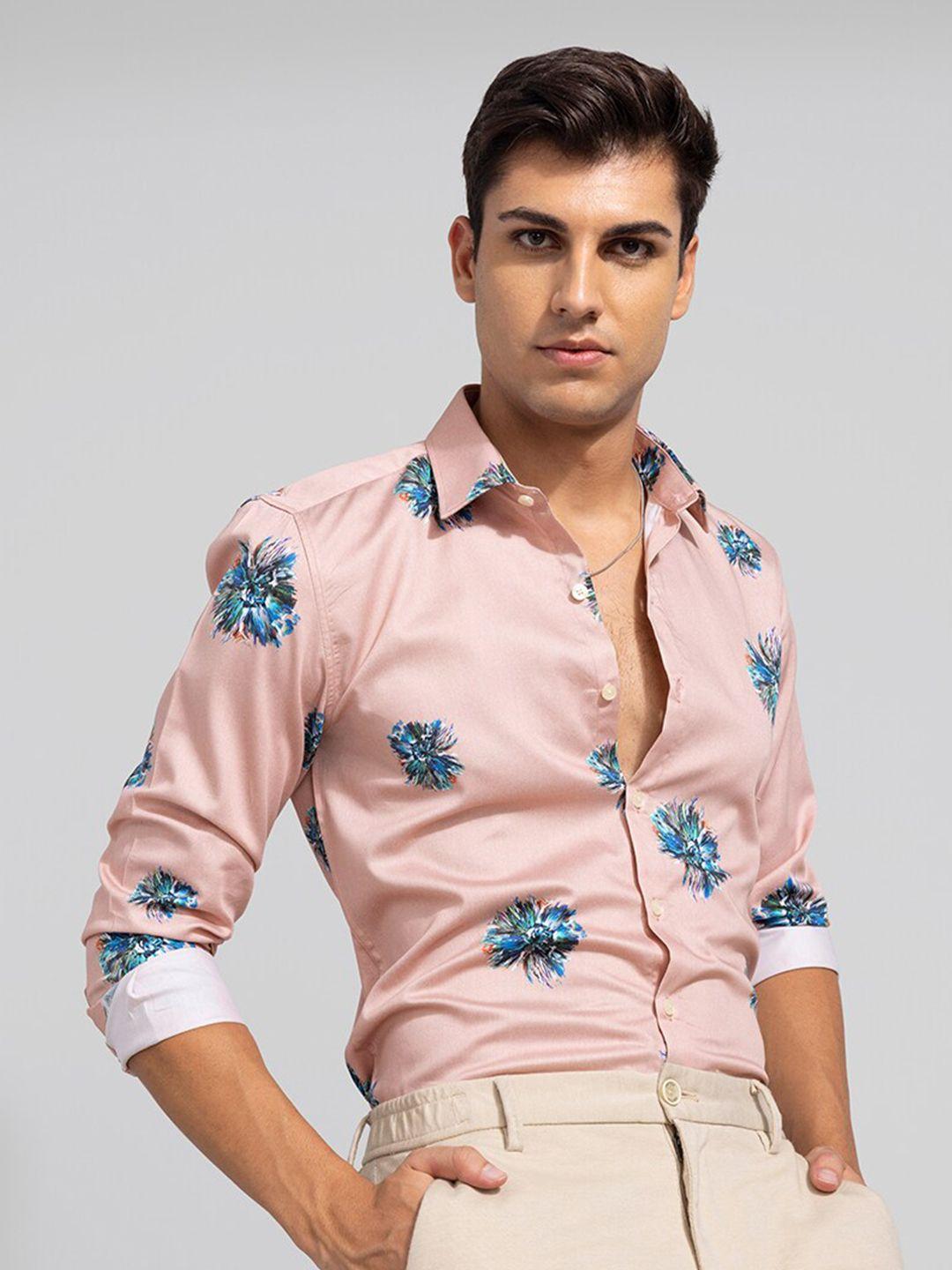 snitch men pink slim fit floral opaque casual shirt