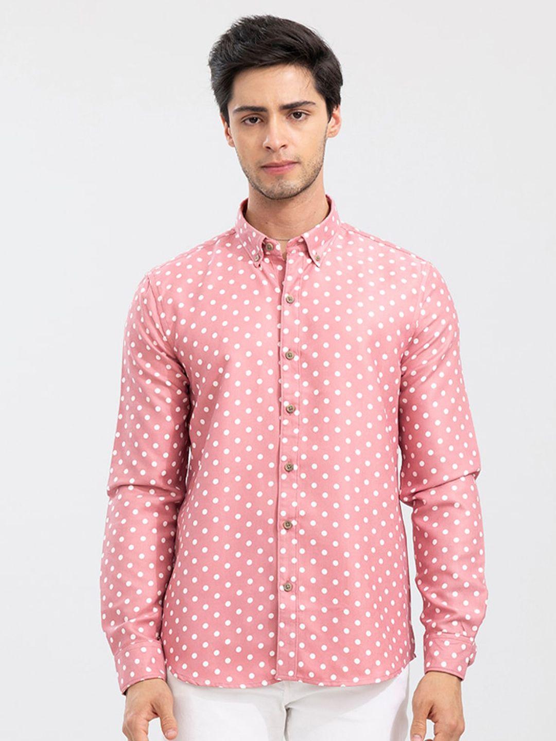 snitch men pink slim fit printed casual shirt