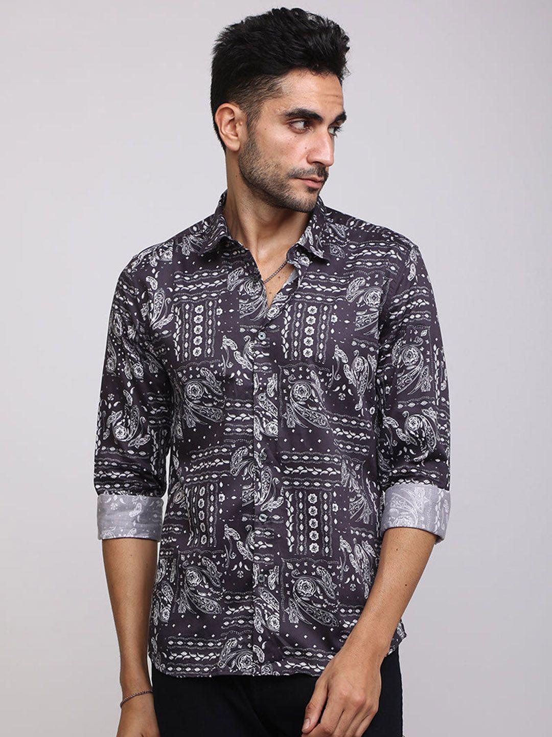 snitch men purple slim fit printed casual shirt