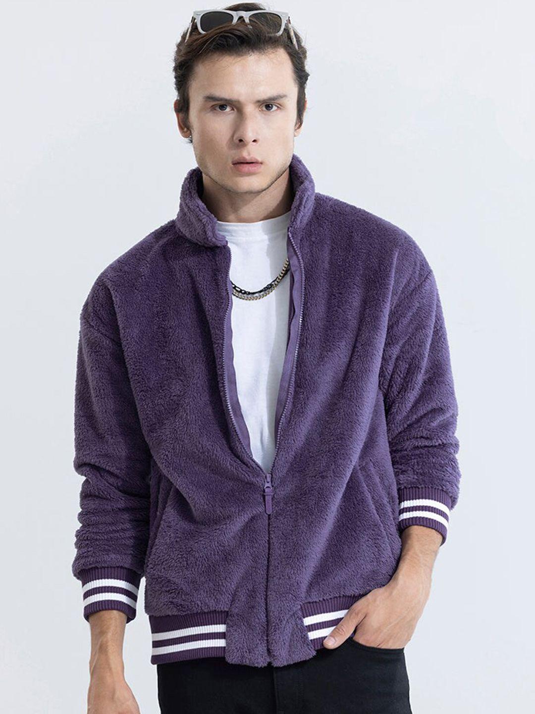 snitch men purple striped crop varsity jacket with embroidered