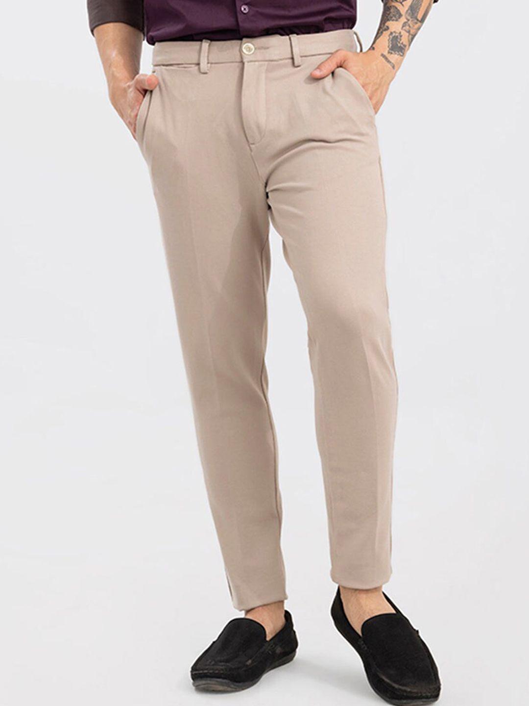 snitch men tan smart skinny fit cotton trousers