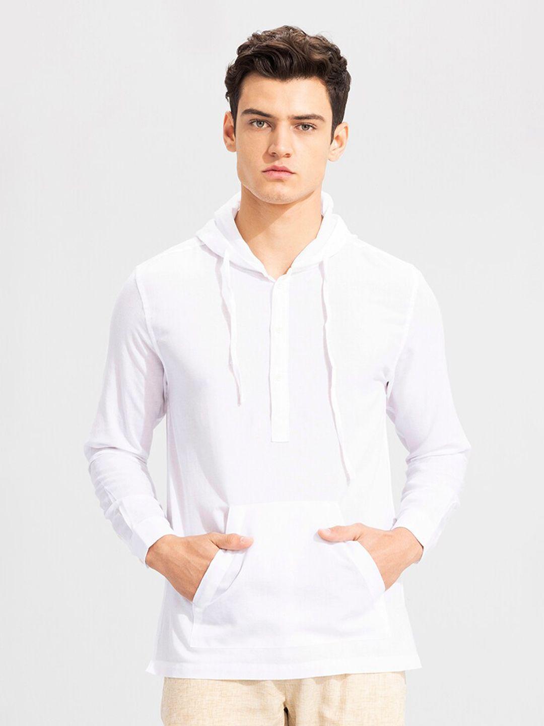 snitch men white linen slim fit opaque hooded casual shirt