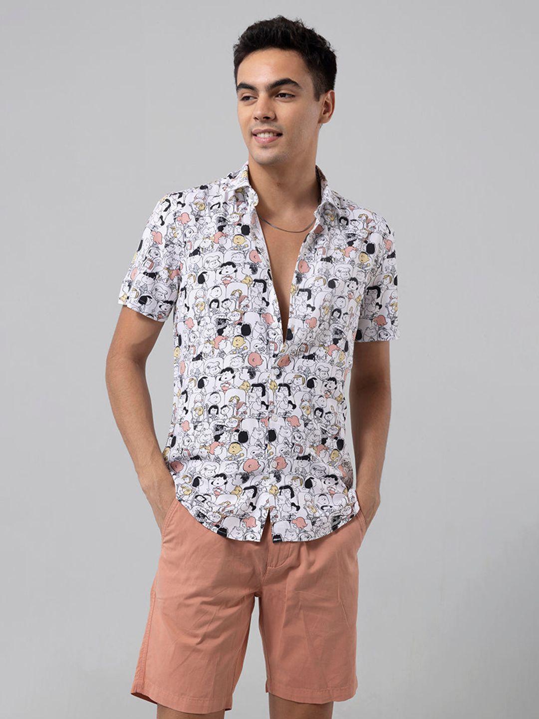 snitch men white slim fit conversational printed casual shirt