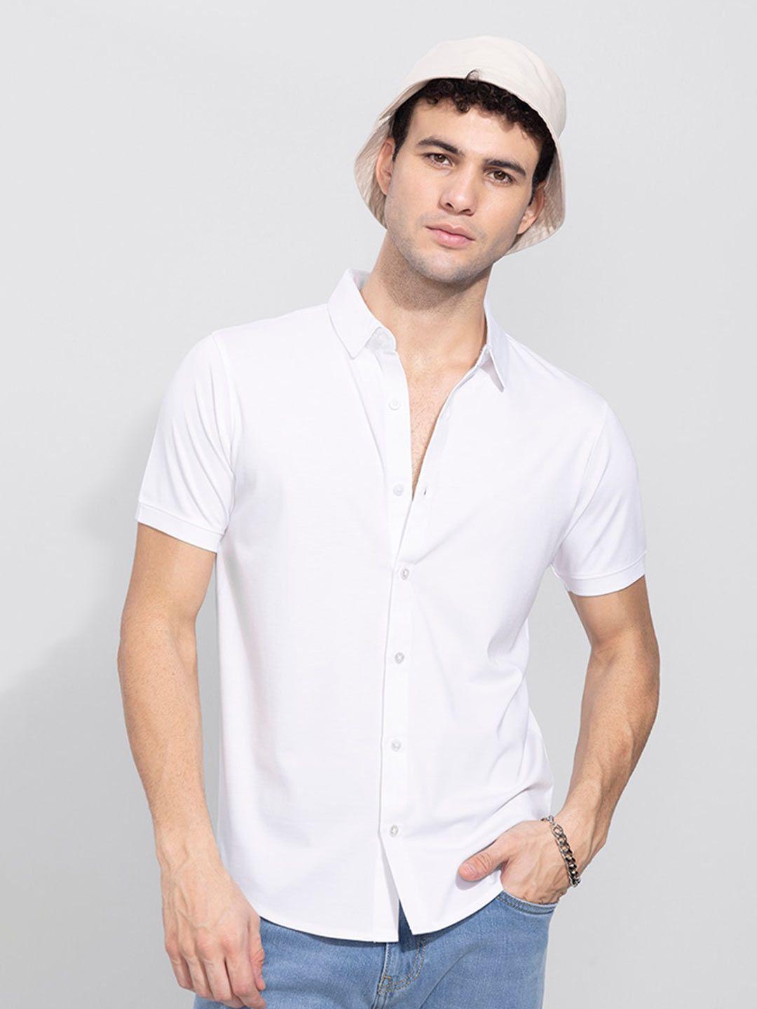 snitch men white slim fit cotton casual shirt