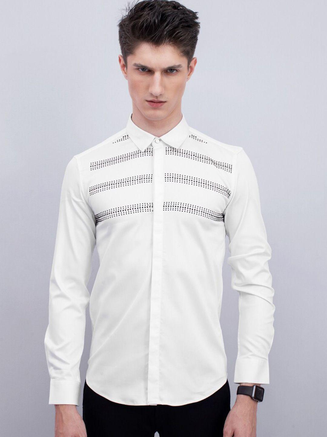 snitch men white tailored fit opaque printed party shirt