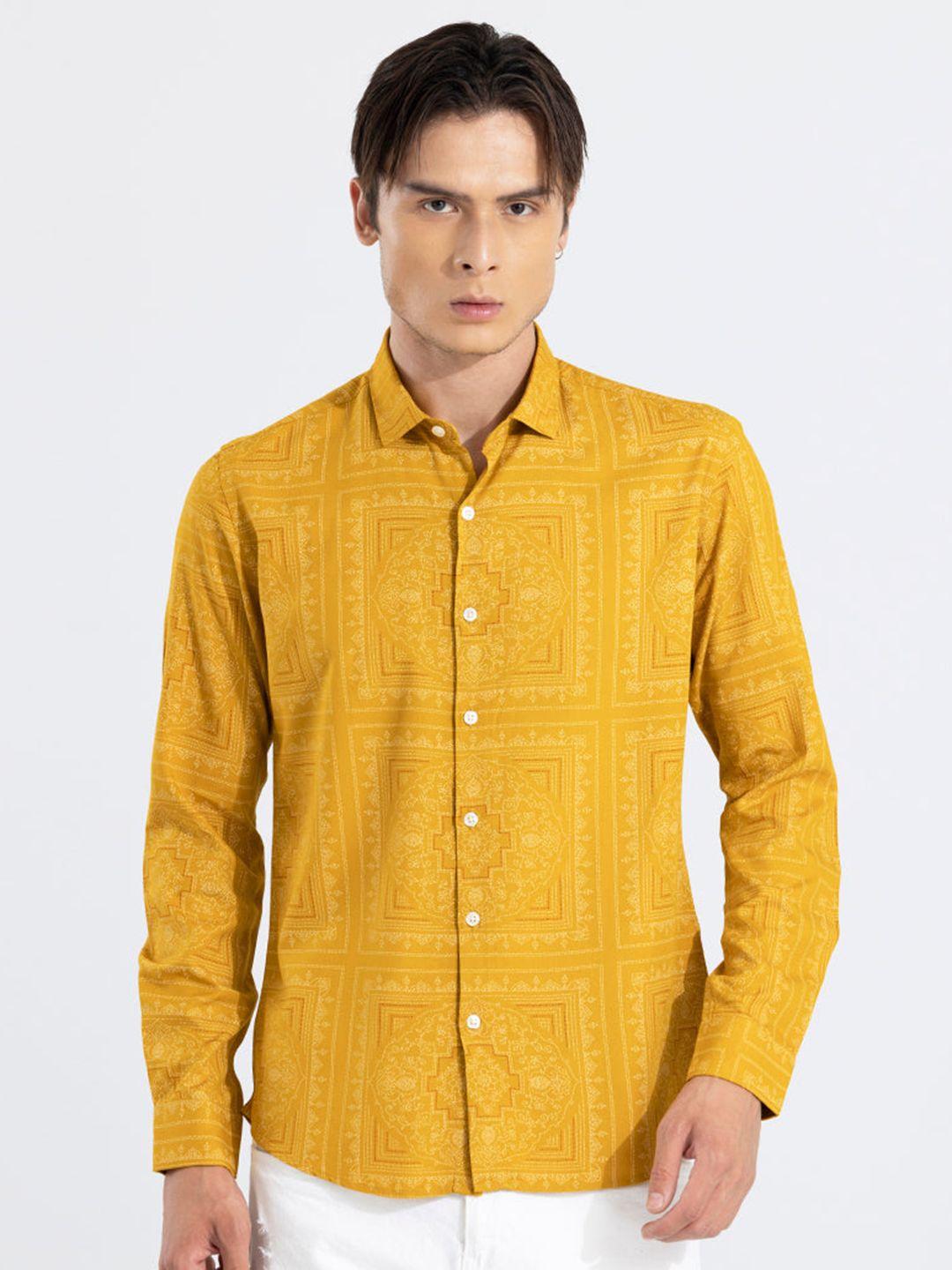 snitch men yellow classic opaque printed casual shirt