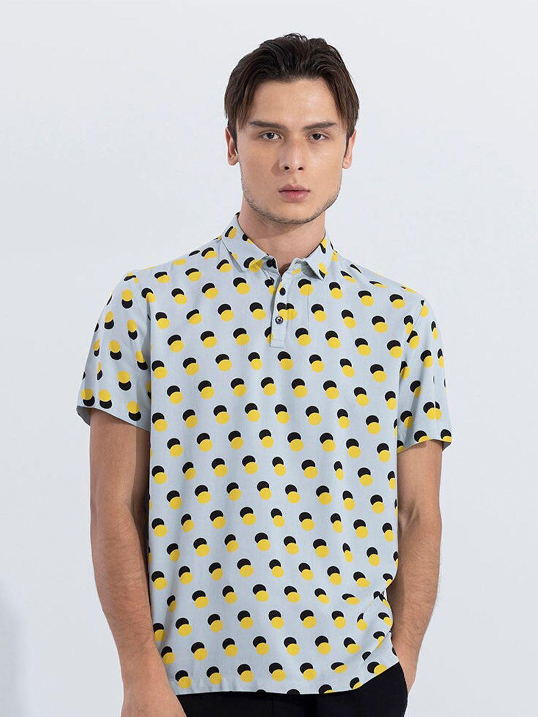 snitch men yellow printed mandarin collar pockets t-shirt