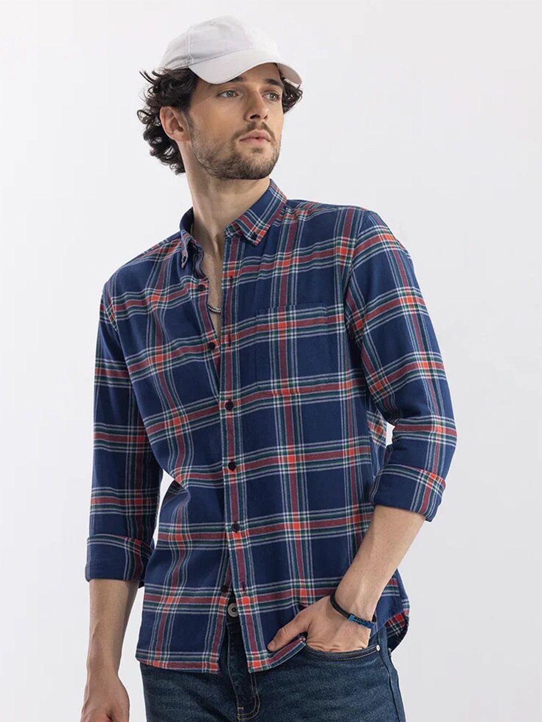 snitch navy blue & red classic slim fit tartan checked opaque cotton casual shirt