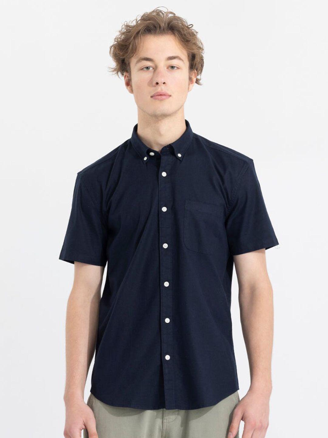 snitch navy blue button-down collar classic slim fit casual shirt