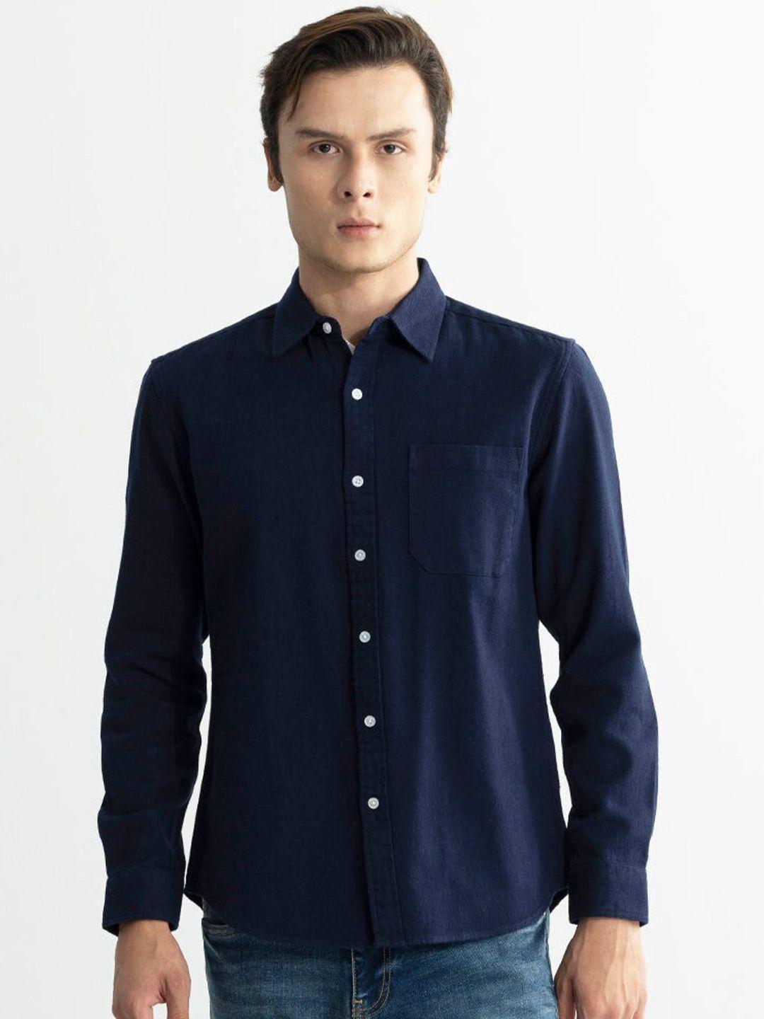 snitch navy blue classic slim fit cotton casual shirt