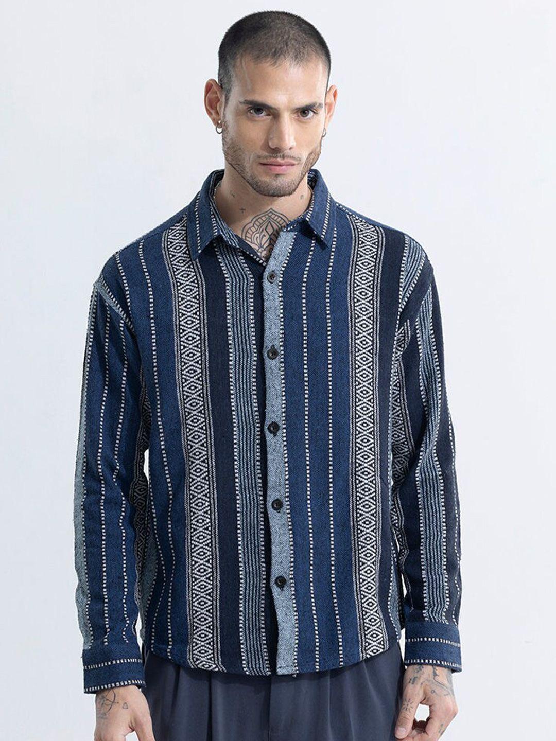 snitch navy blue classic striped long sleeves casual shirt