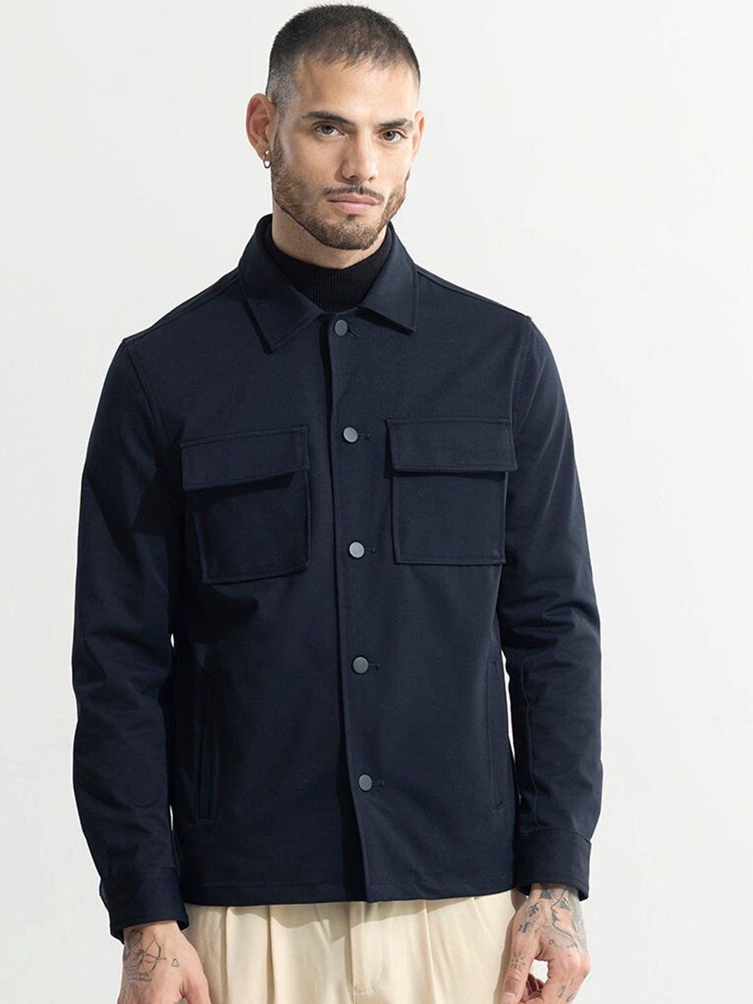 snitch navy blue spread collar cotton tailored jacket