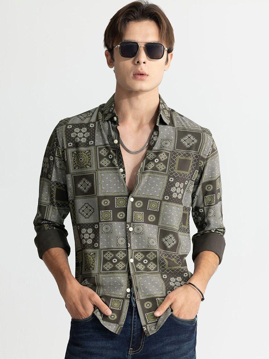 snitch olive green & grey classic slim fit ethnic motifs printed casual shirt
