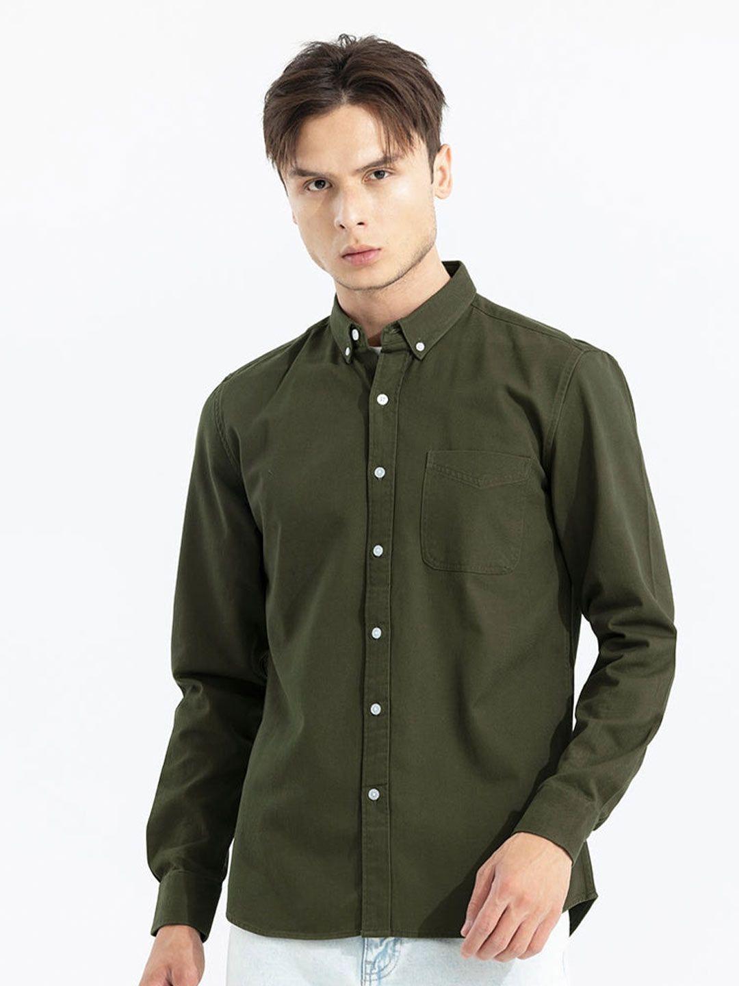 snitch olive green button-down collar classic slim fit cotton casual shirt