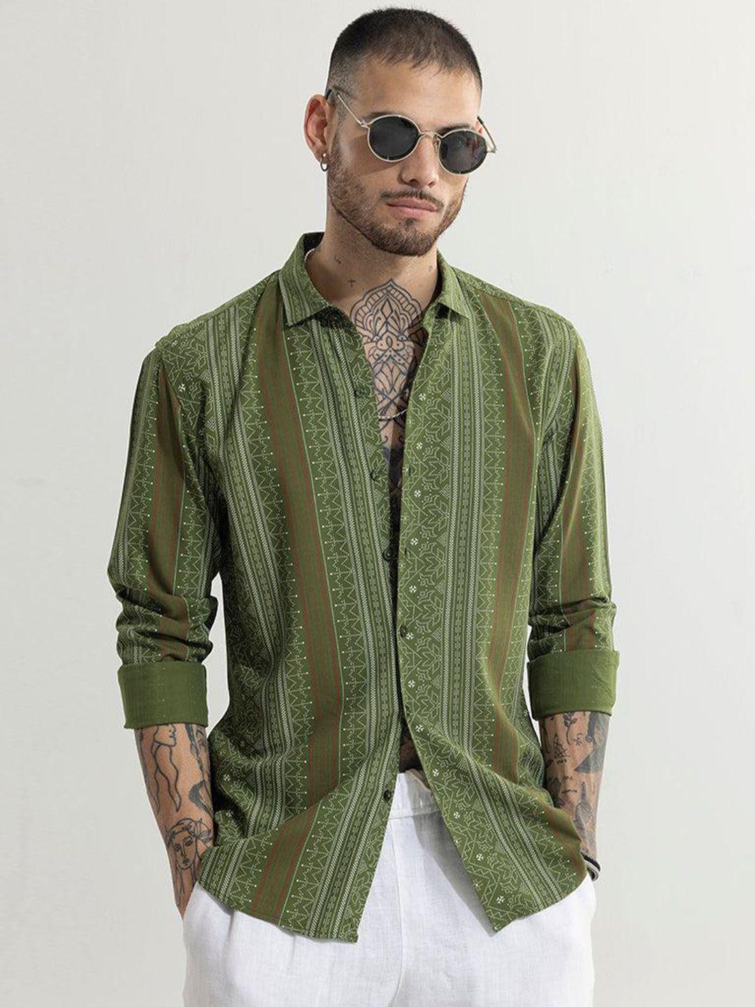 snitch olive green classic slim fit ethnic motifs printed casual shirt