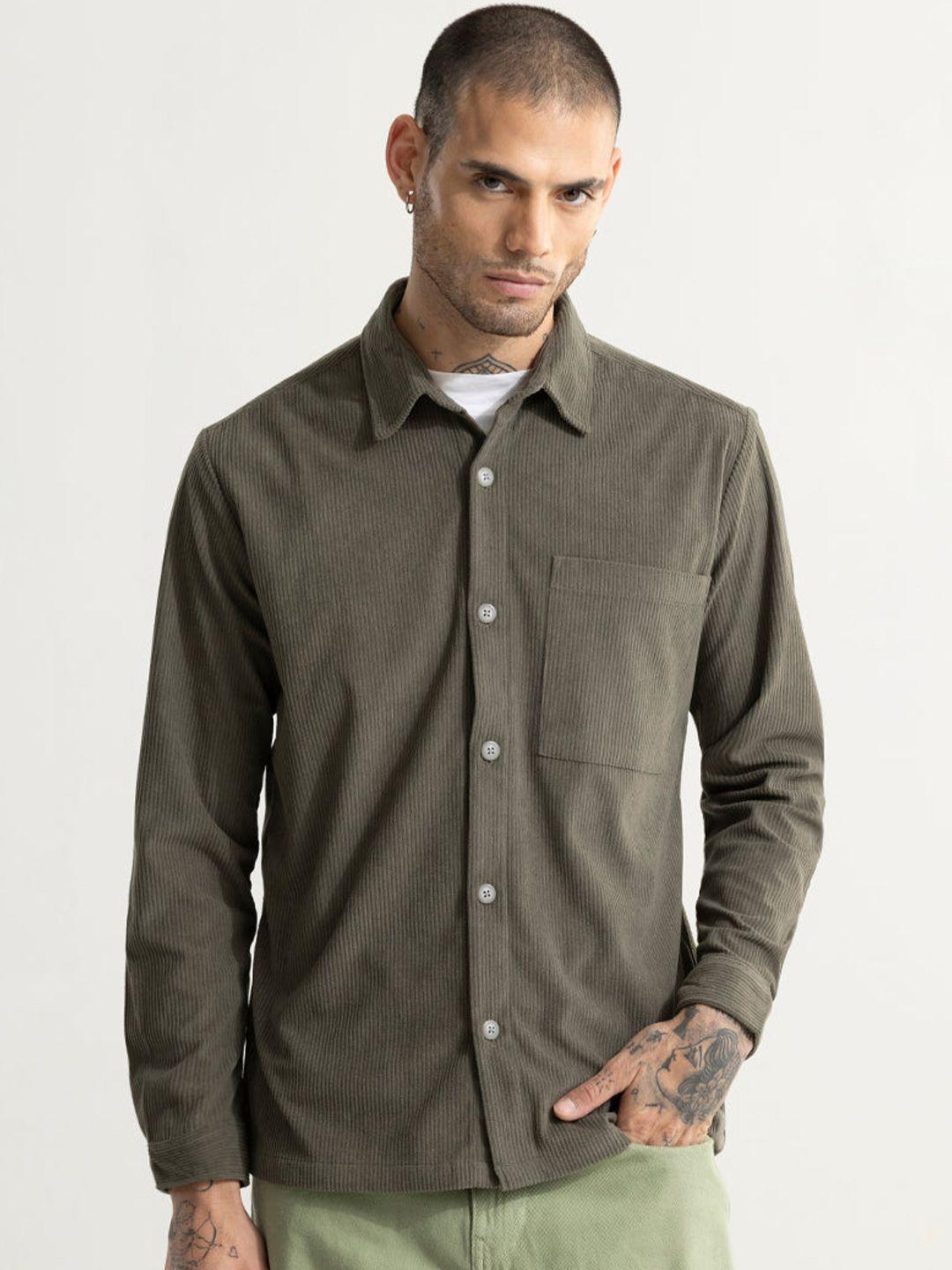 snitch olive green classic textured spread collar long sleeves casual shirt
