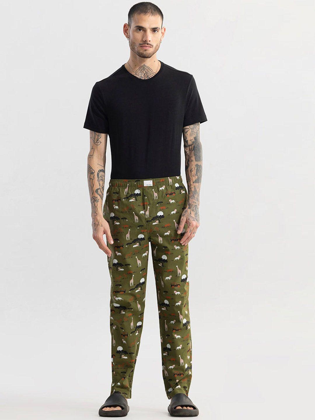snitch olive green men printed cotton lounge pants