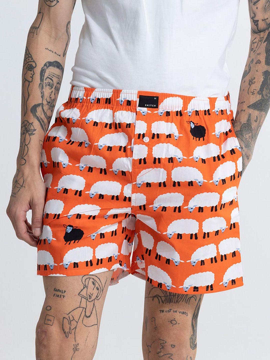snitch orange coloured printed pure cotton boxers 4msbx9230-03-s