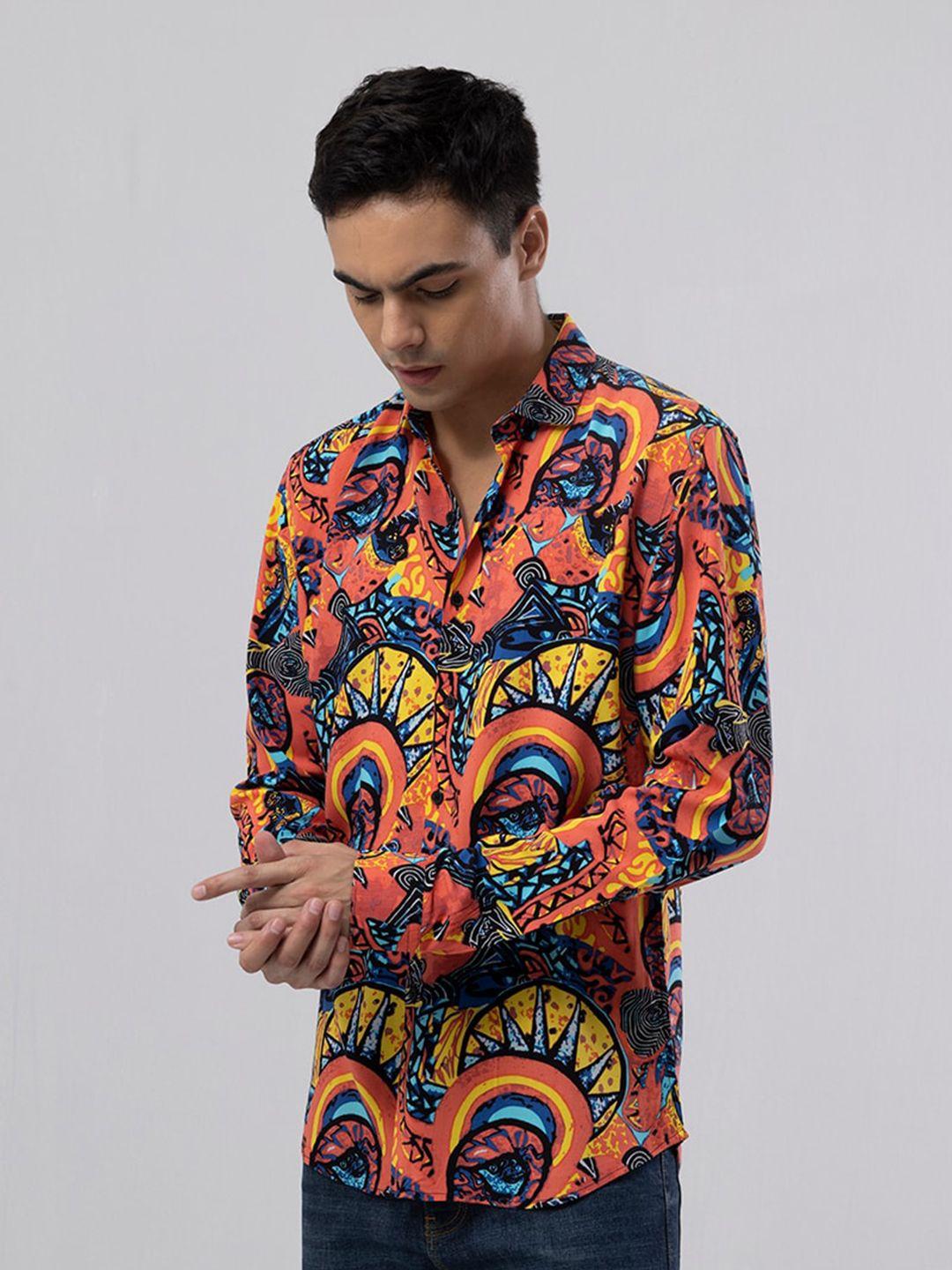 snitch orange slim fit abstract printed casual shirt