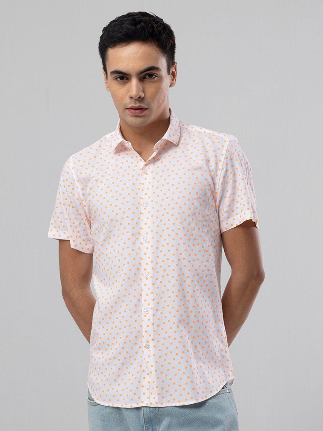 snitch orange slim fit polka dot printed casual shirt