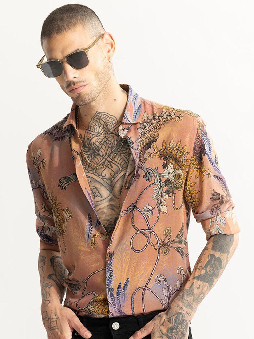 snitch peach classic ethnic motifs printed slim fit casual shirt