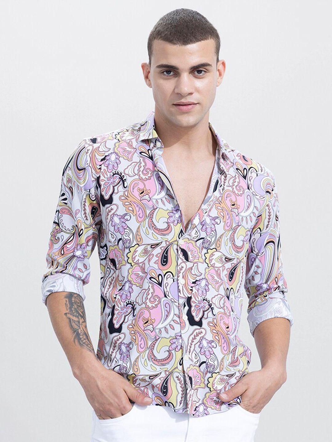 snitch pink & white boxy ethnic motifs printed casual shirt