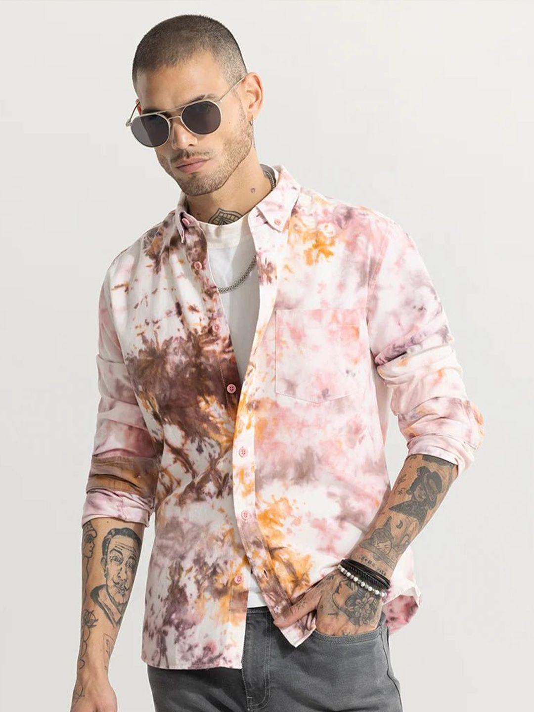 snitch pink classic slim fit abstract printed pure cotton casual shirt