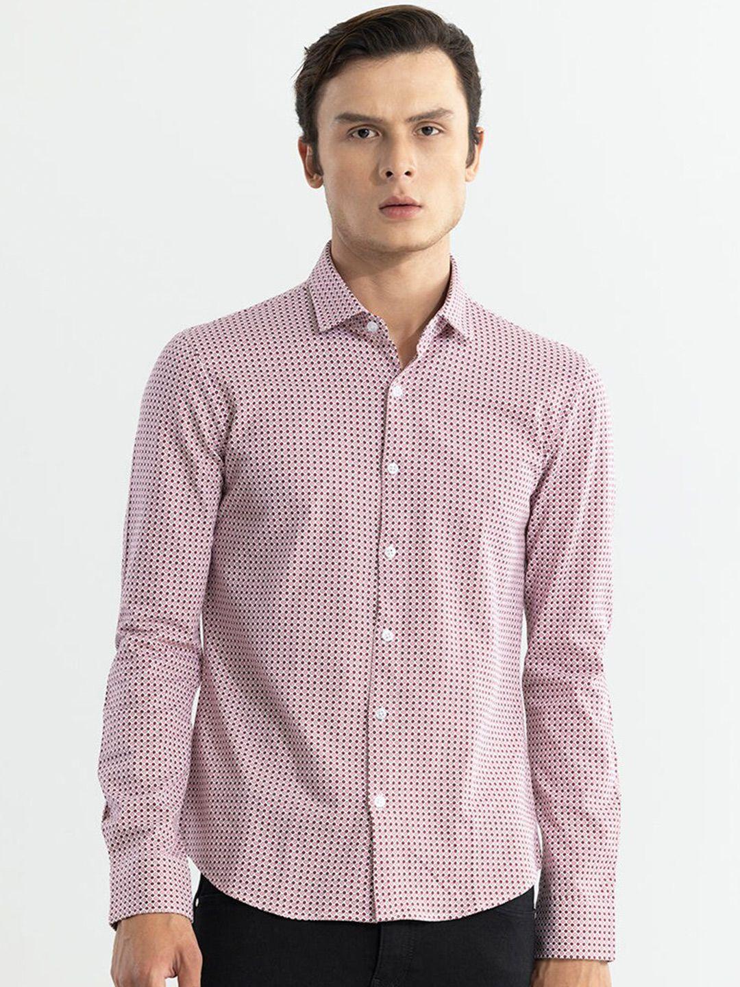 snitch pink classic slim fit geometric printed cotton casual shirt