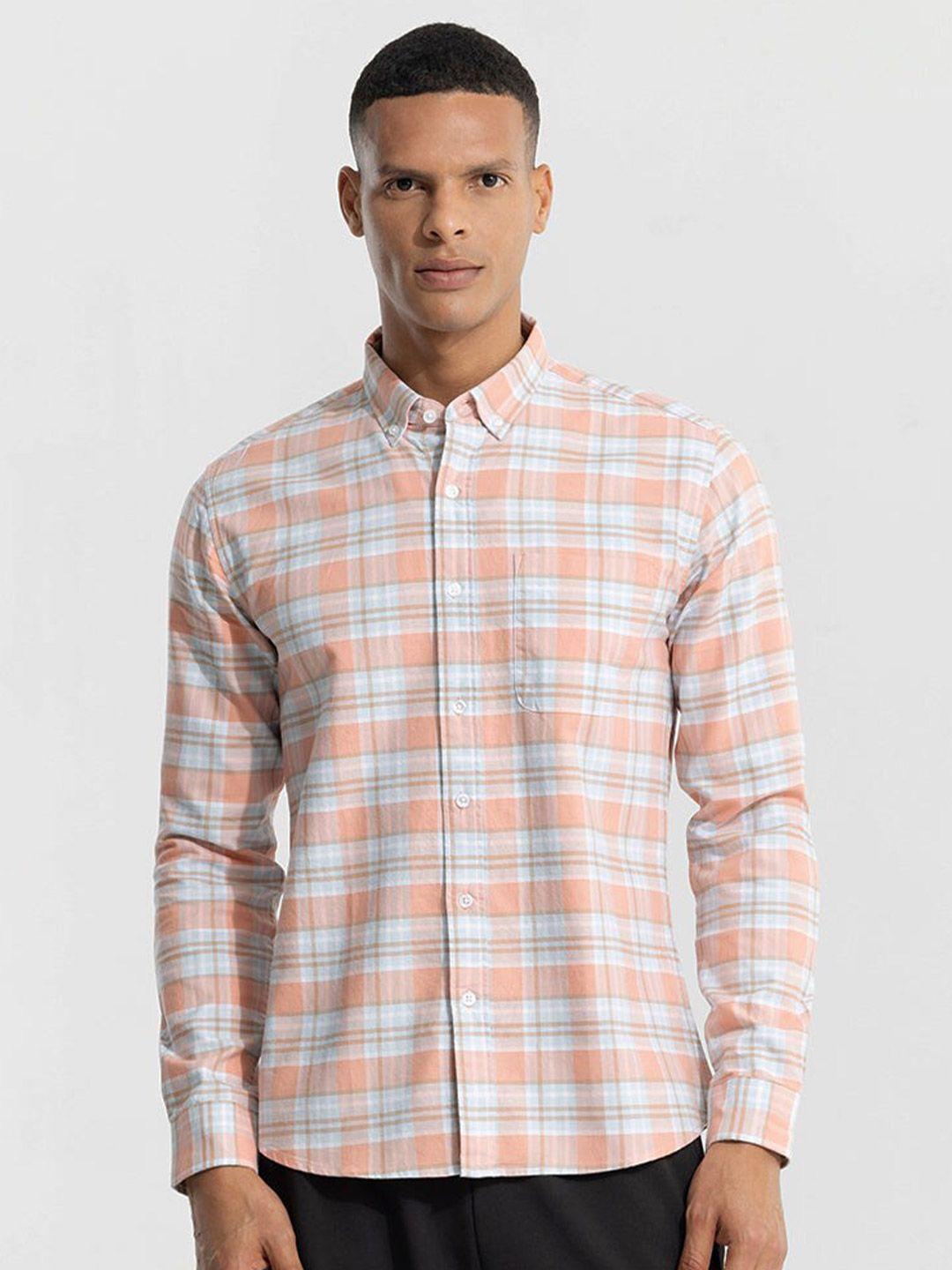 snitch pink classic slim fit tartan checked button down collar pure cotton casual shirt