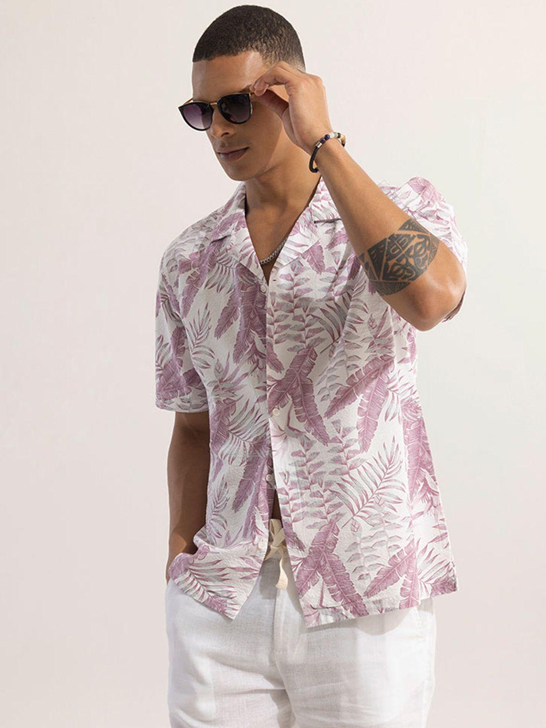 snitch purple & white floral printed classic boxy casual cotton shirt