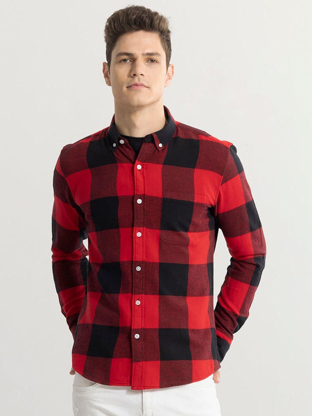 snitch re black classic slim fit buffalo checked pure cotton casual shirt