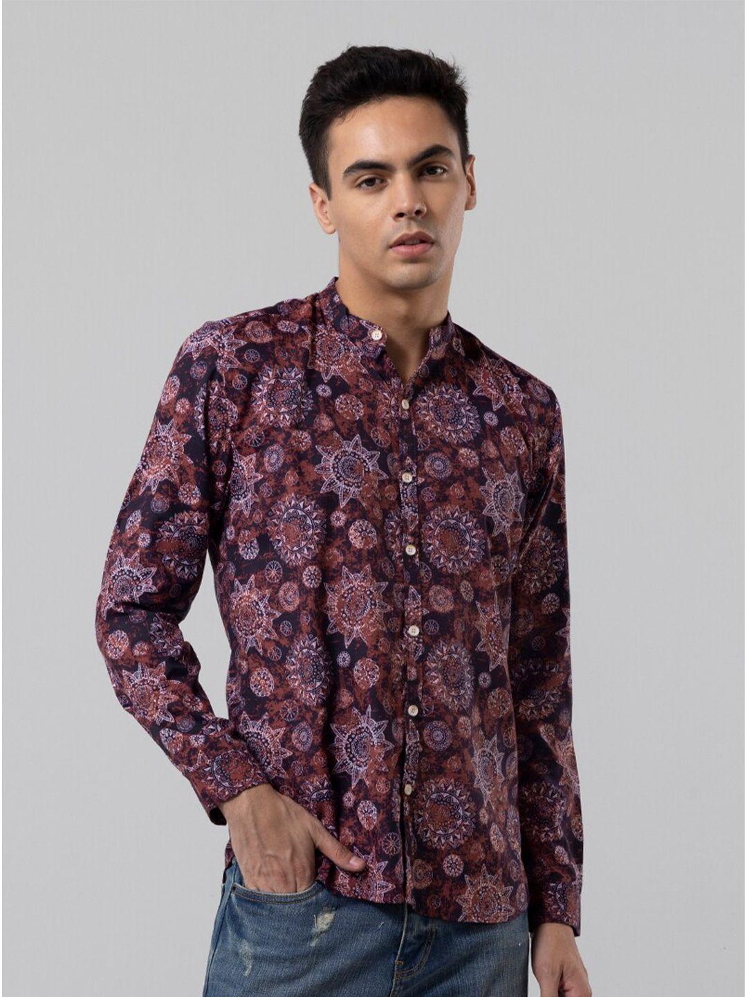 snitch red & purple slim fit ethnic motif printed casual band collar cotton shirt