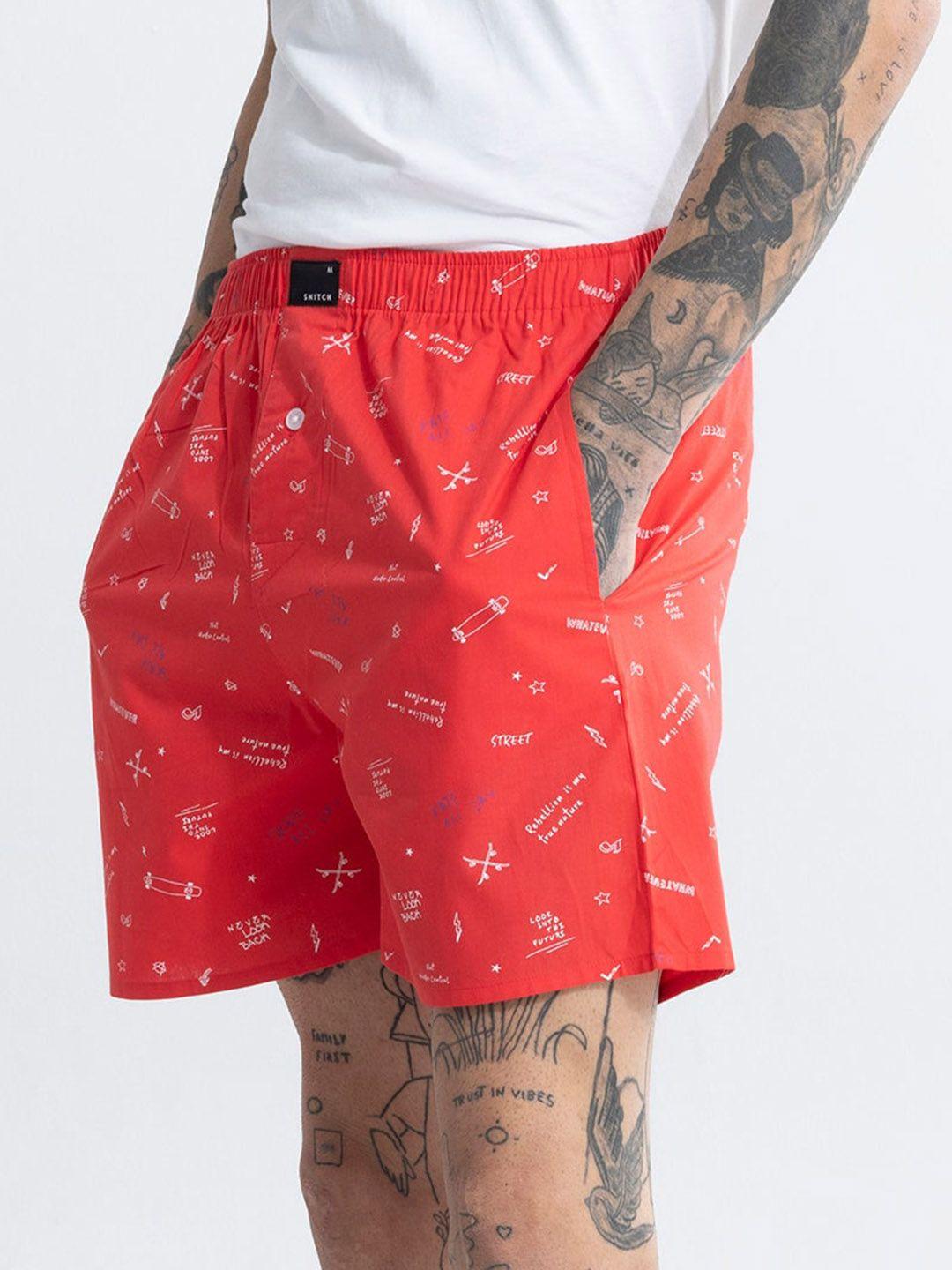 snitch red & white printed pure cotton boxers 4msbx9228-03-s