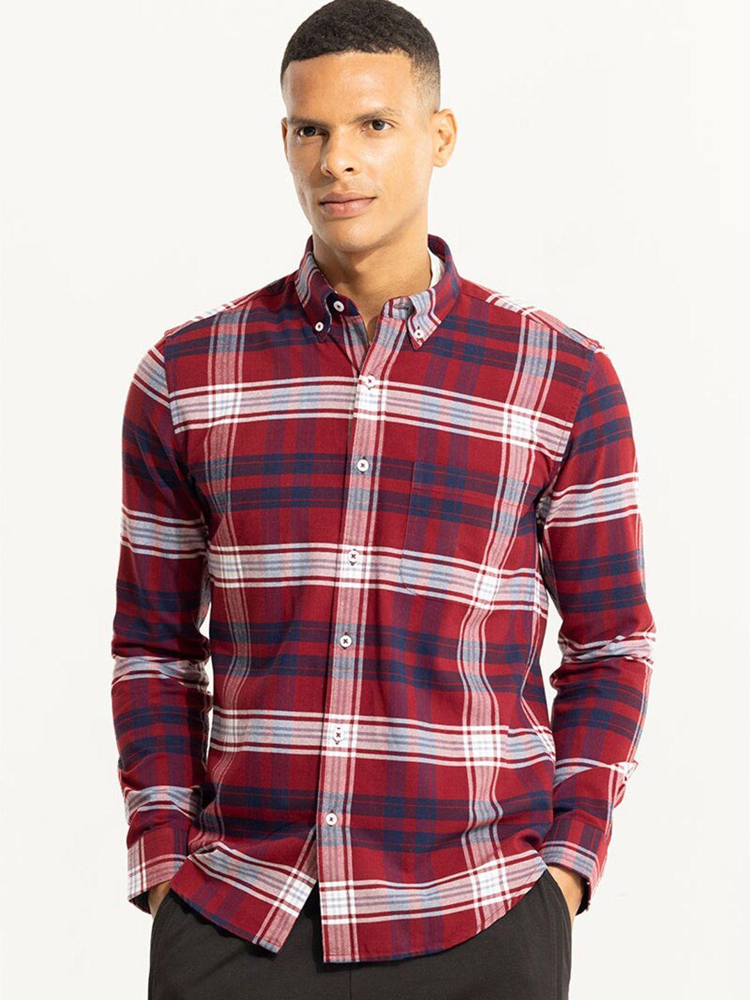 snitch red classic slim fit checked button-down collar long sleeve cotton casual shirt