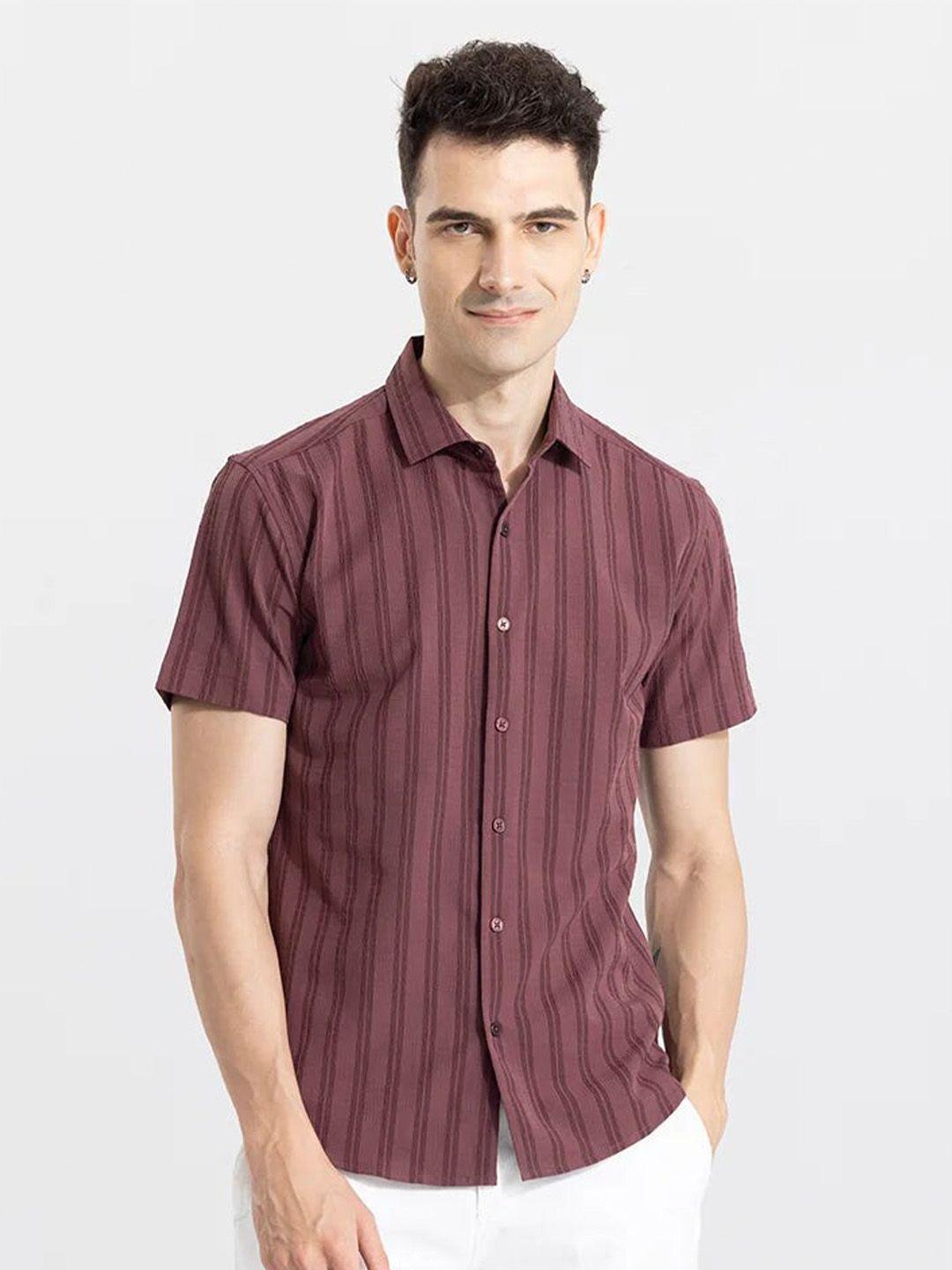 snitch red classic slim fit opaque striped casual shirt