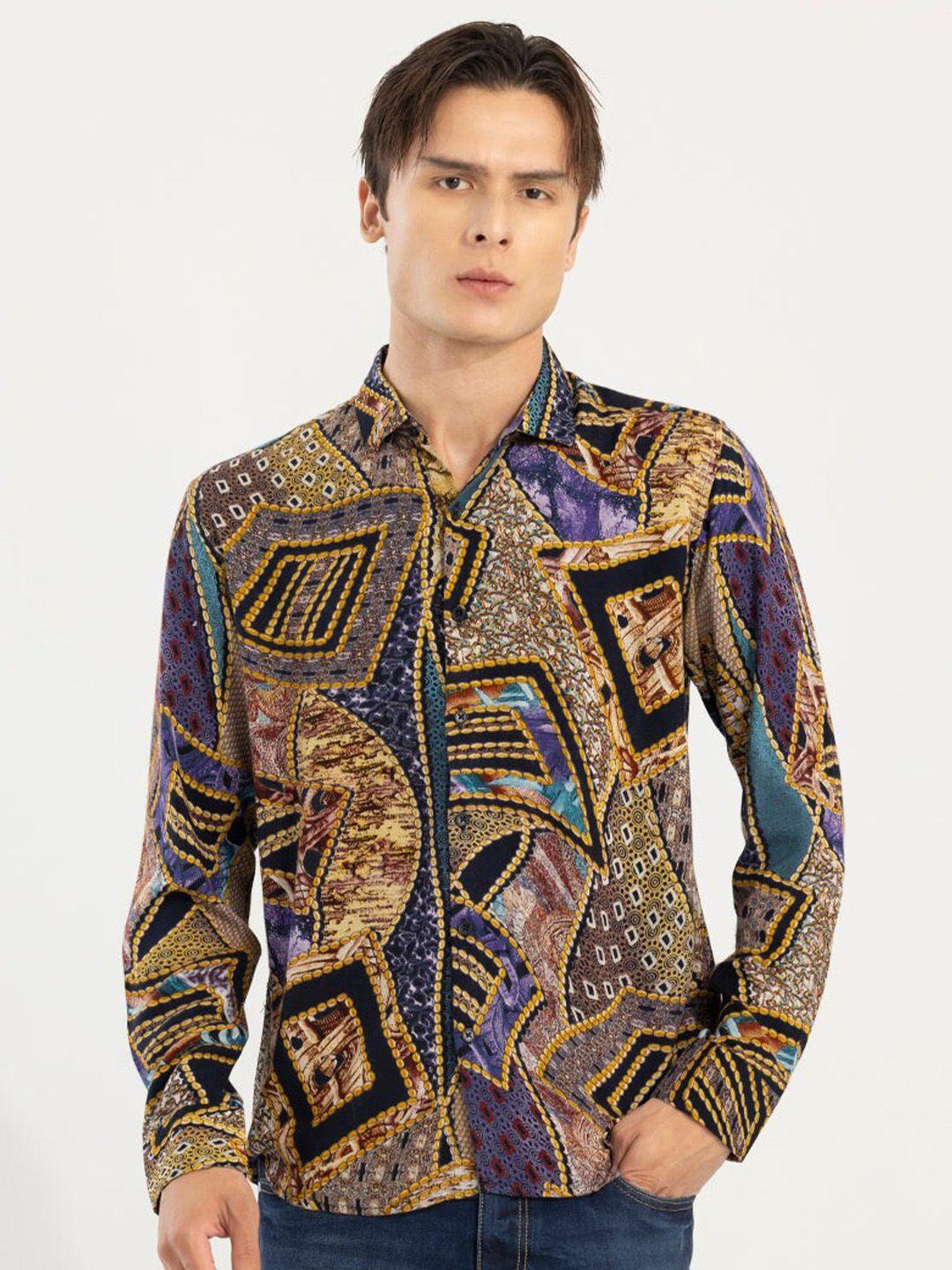 snitch slim fit abstract printed casual shirt