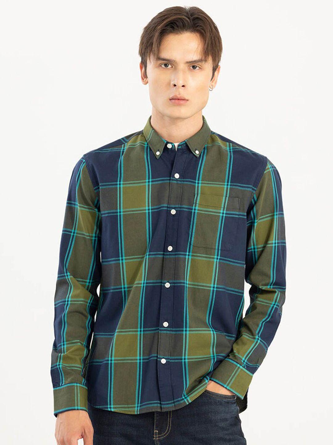 snitch slim fit tartan checks button-down collar casual shirt