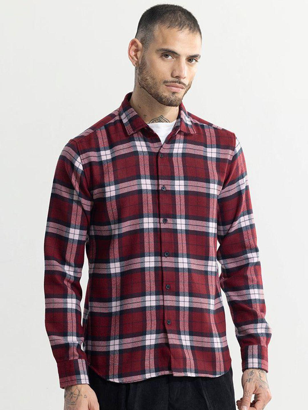 snitch spread collar cotton tartan checks classic slim fit checked casual shirt