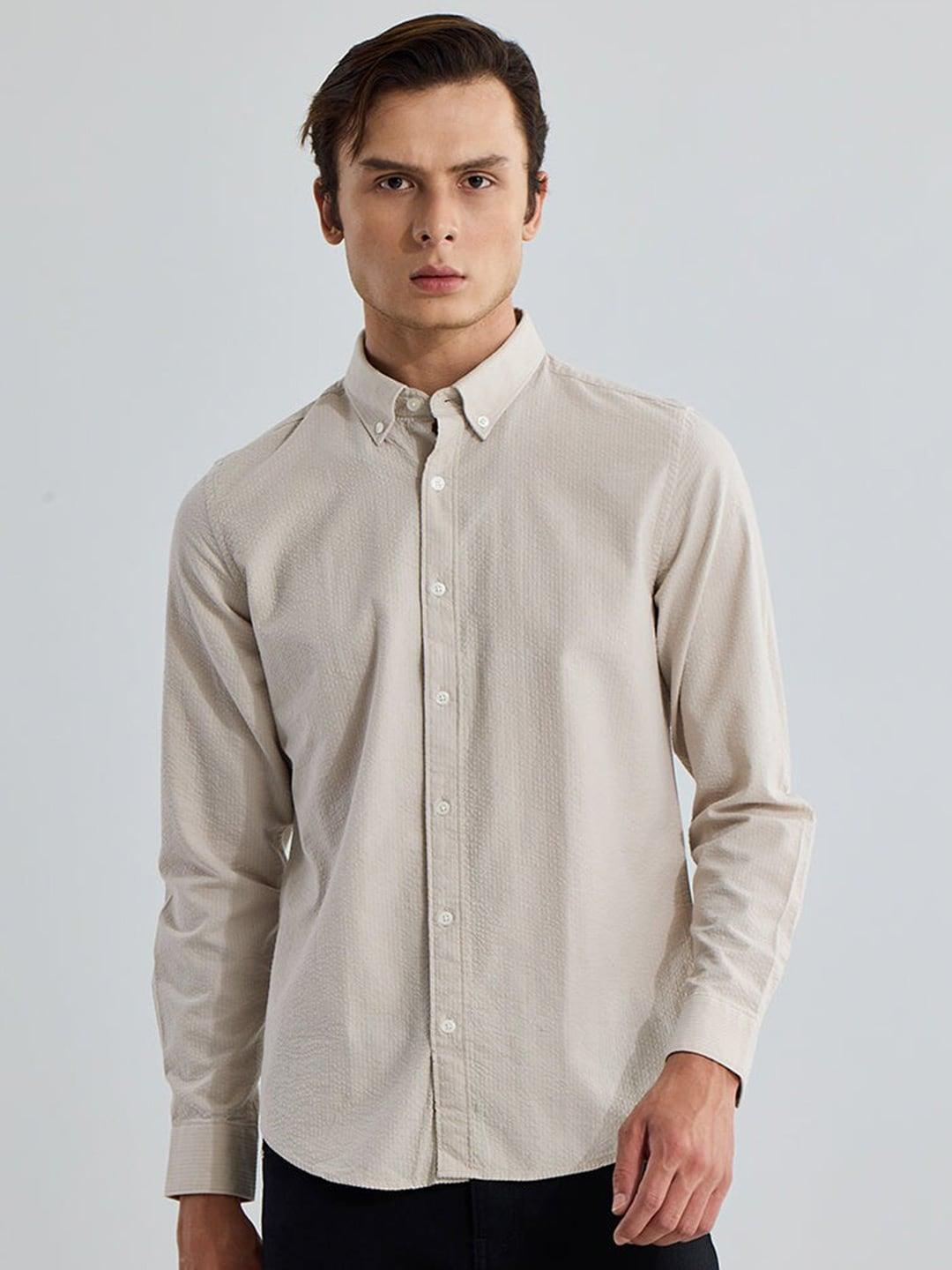 snitch textured button-down collar classic slim fit pure cotton casual shirt