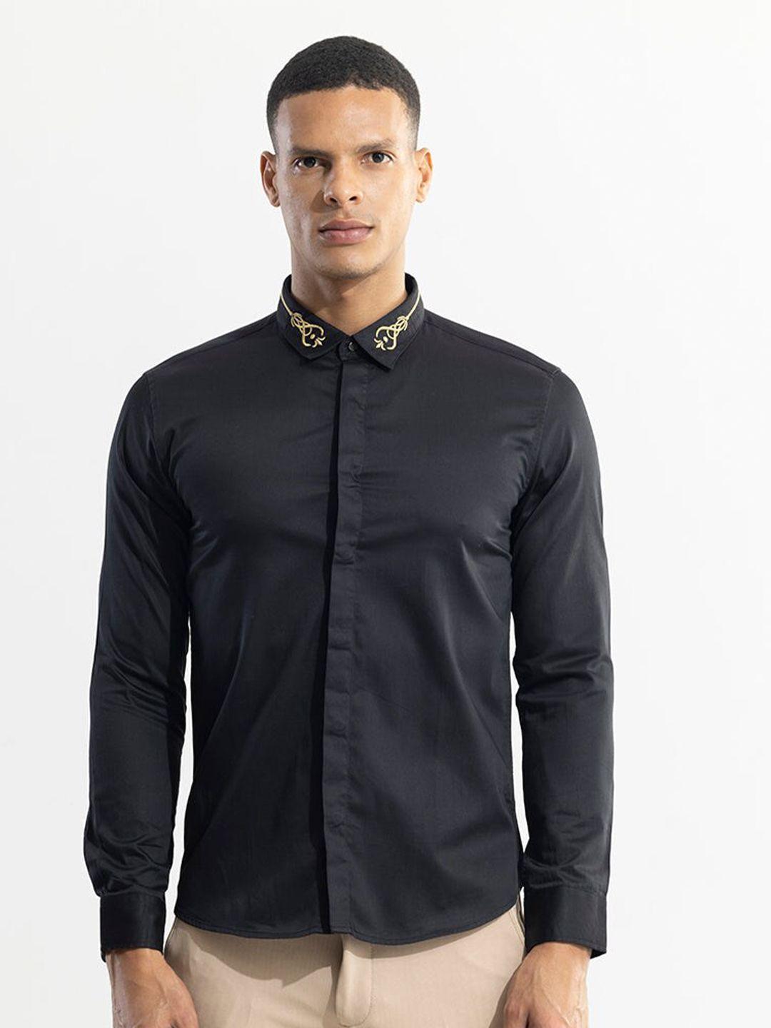 snitch thread work spread collar classic slim fit casual shirt