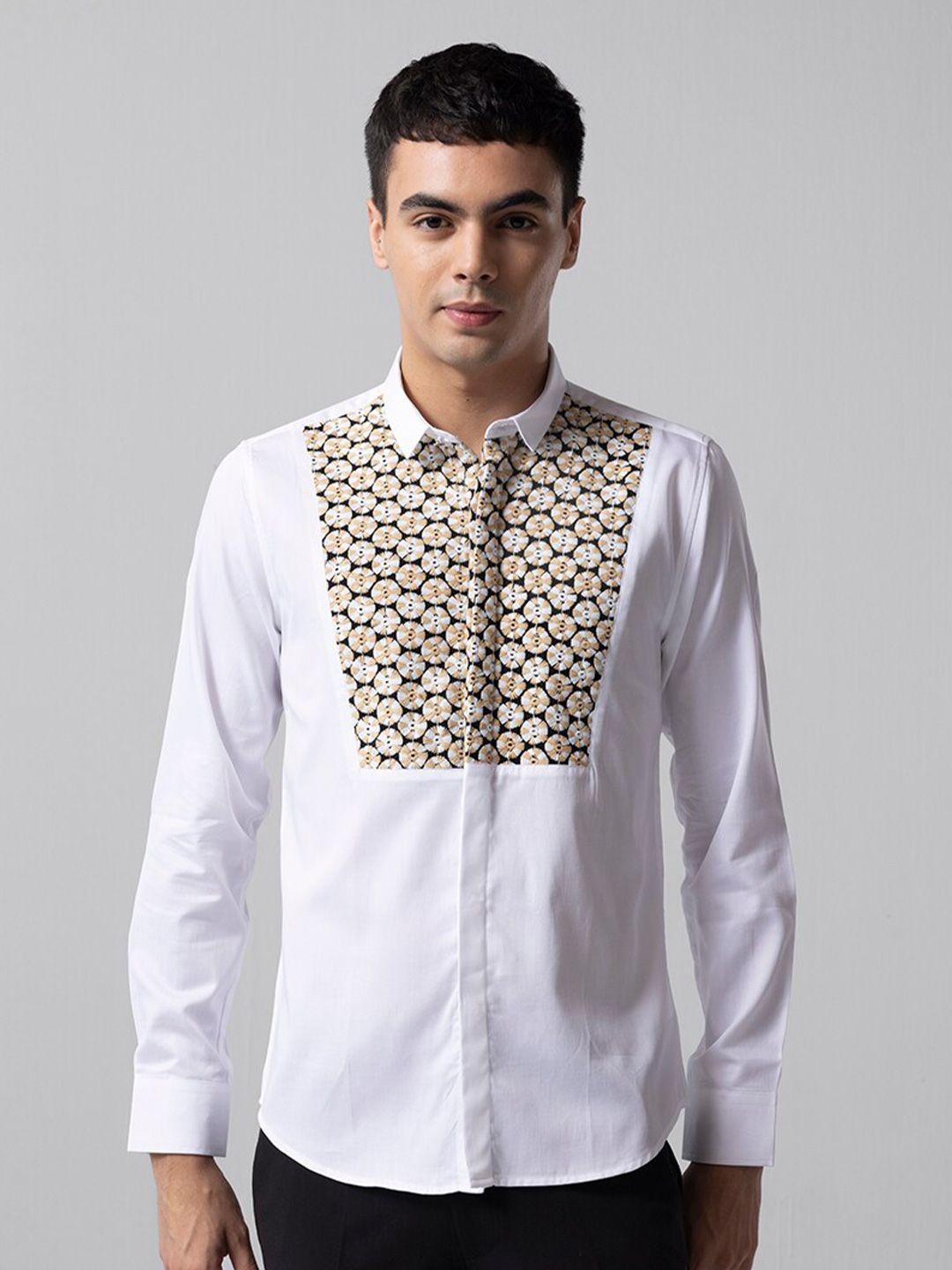 snitch white & beige slim fit ethnic motifs embroidered casual cotton shirt