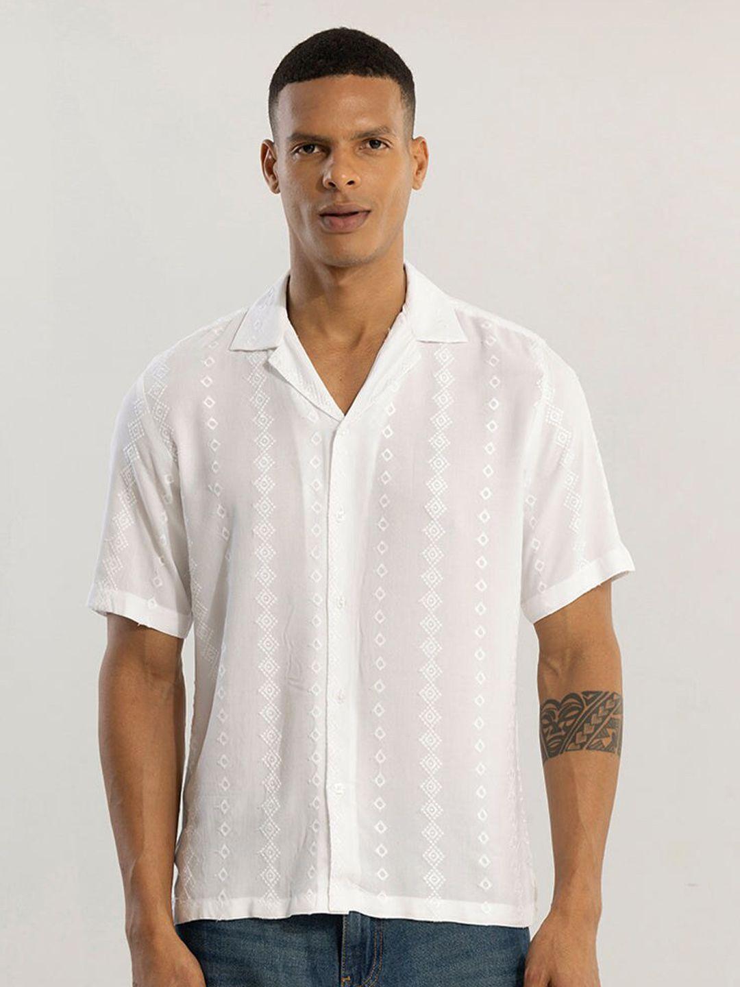 snitch white classic boxy geometric embroidered cuban collar casual shirt