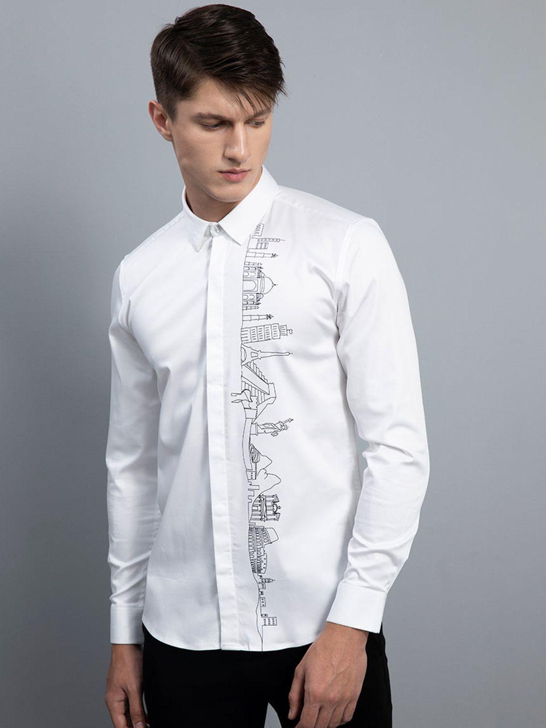 snitch white classic graphic printed slim fit opaque cotton casual shirt