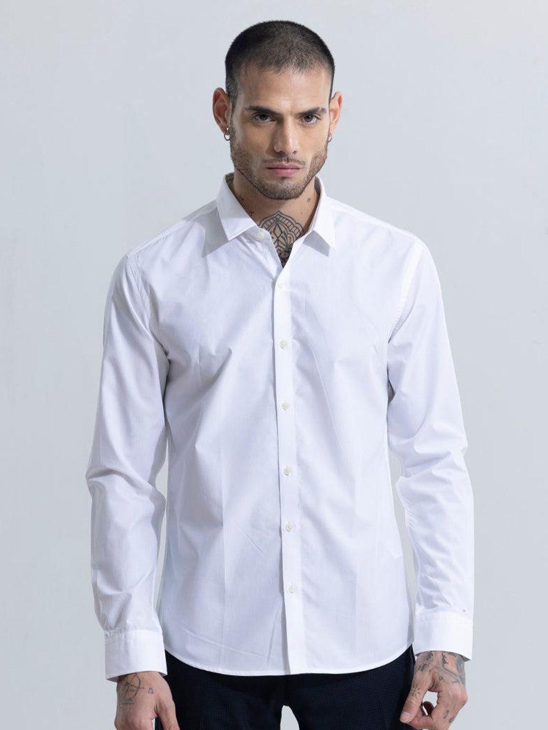 snitch white classic slim fit cotton formal shirt