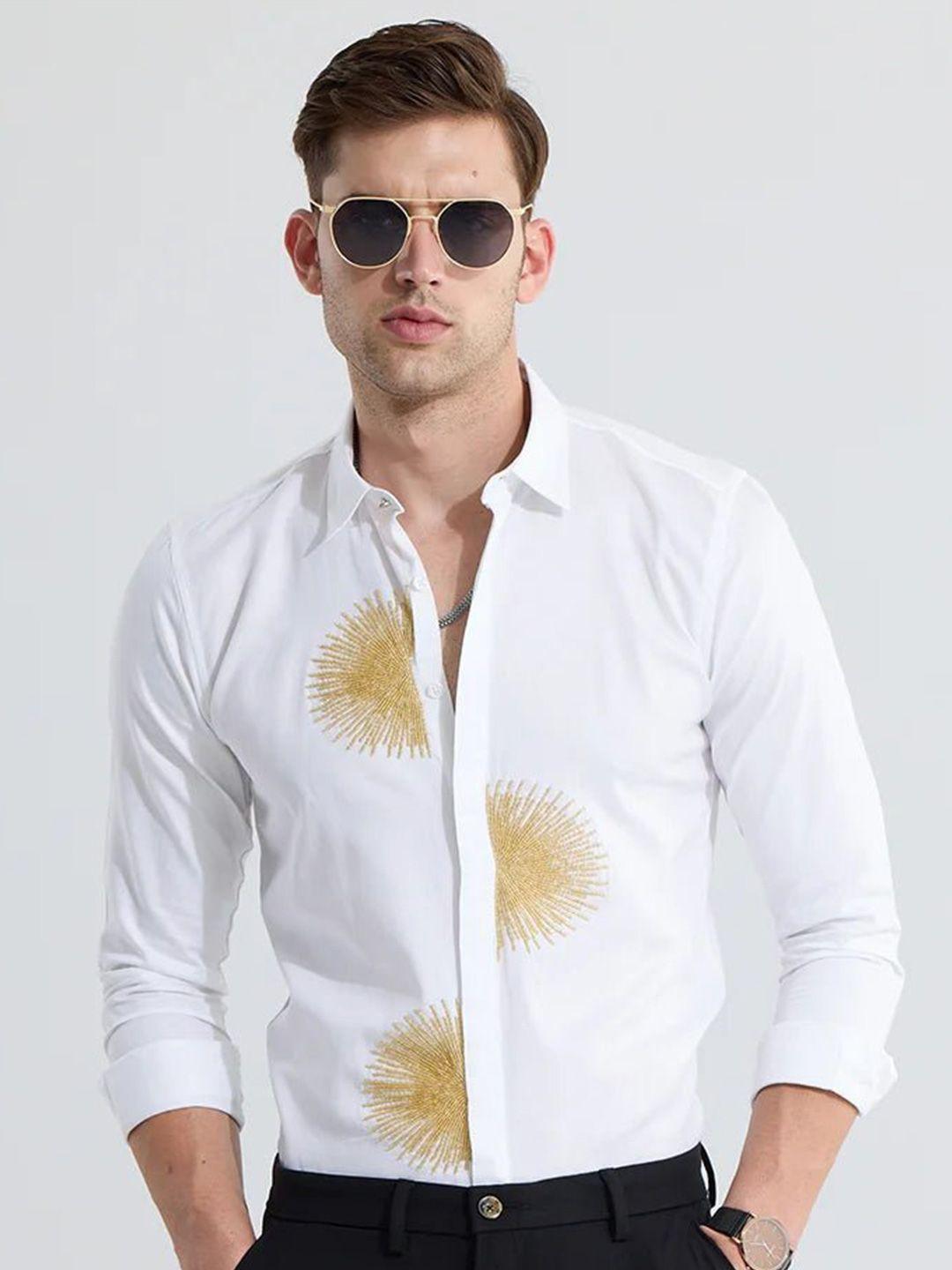 snitch white classic slim fit embellished party shirt