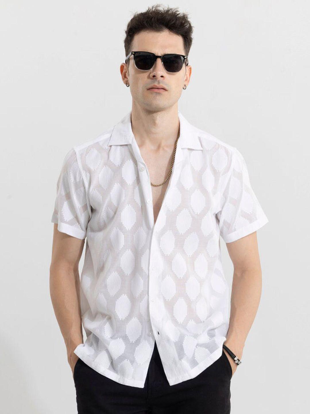 snitch white classic slim fit geometric printed cuban collar cotton casual shirt
