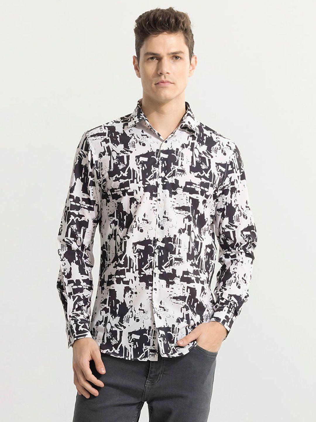 snitch white classic slim fit opaque printed casual shirt