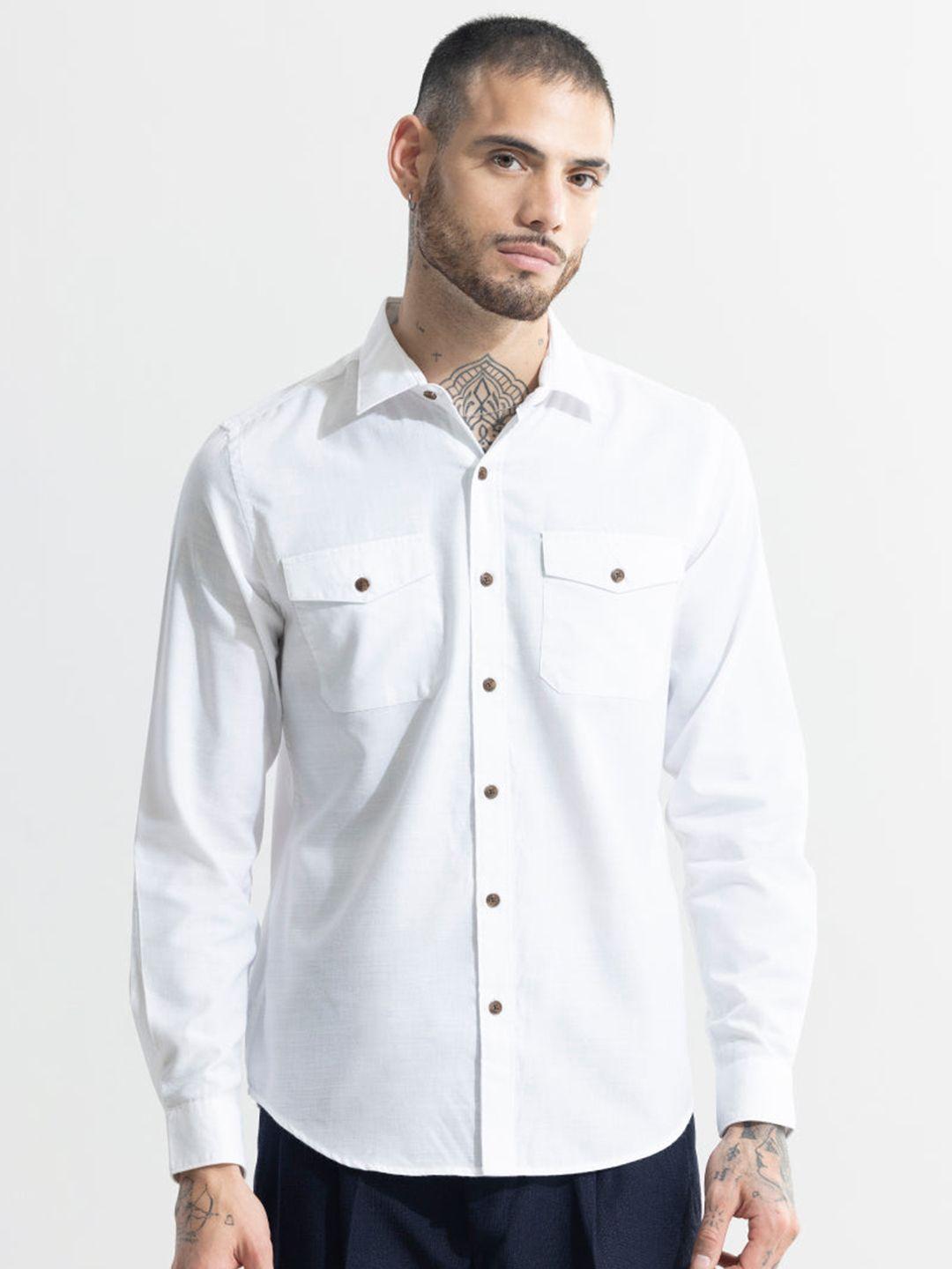 snitch white classic slim fit spread collar cotton casual shirt