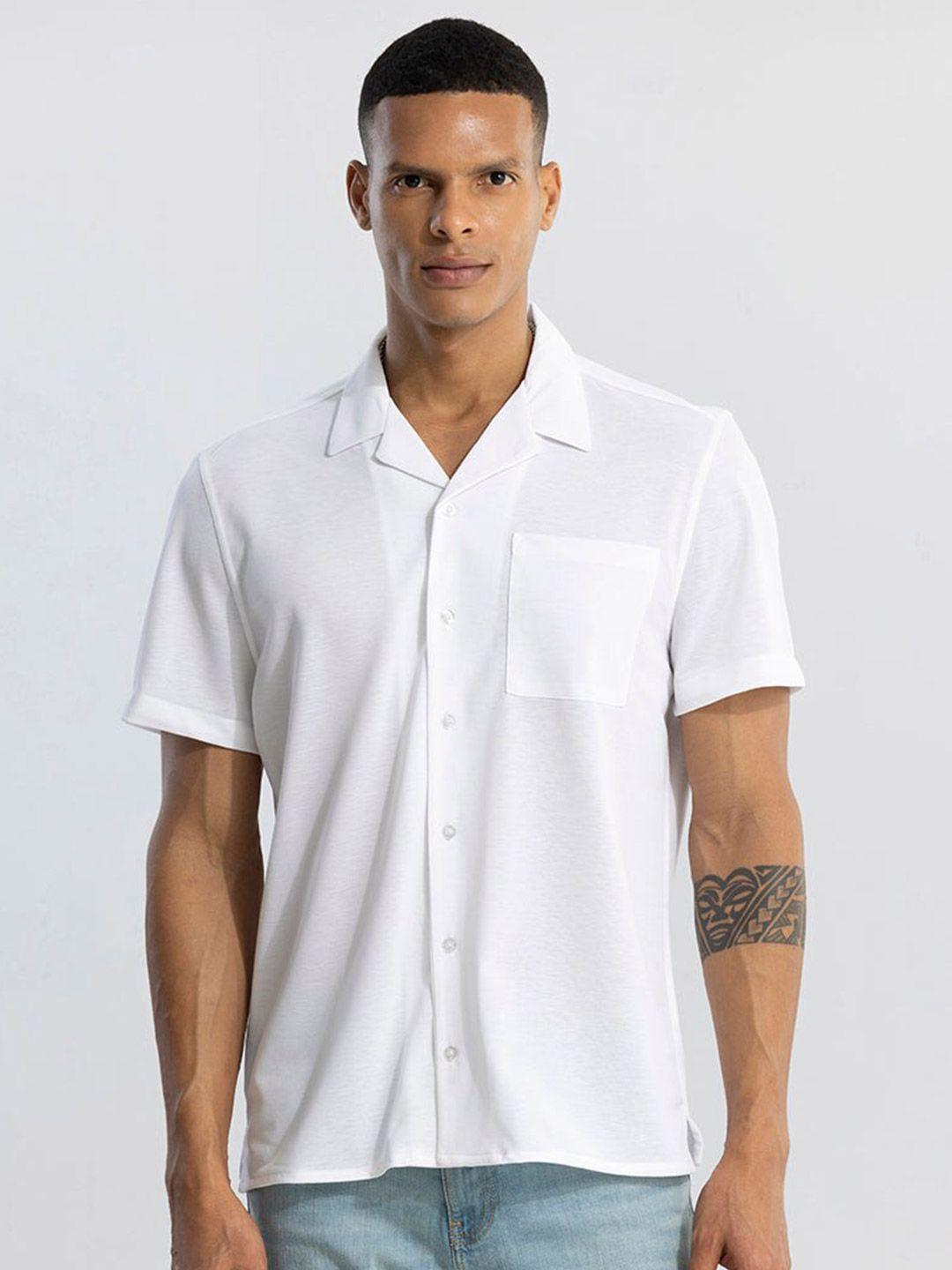 snitch white classic tailored fit cuban collar pure cotton shirt